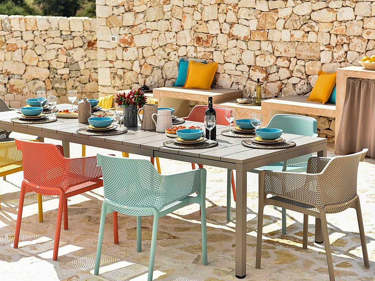 Set tavolo da giardino Rio 140/210 con 6 sedie Net Arcobaleno - v2