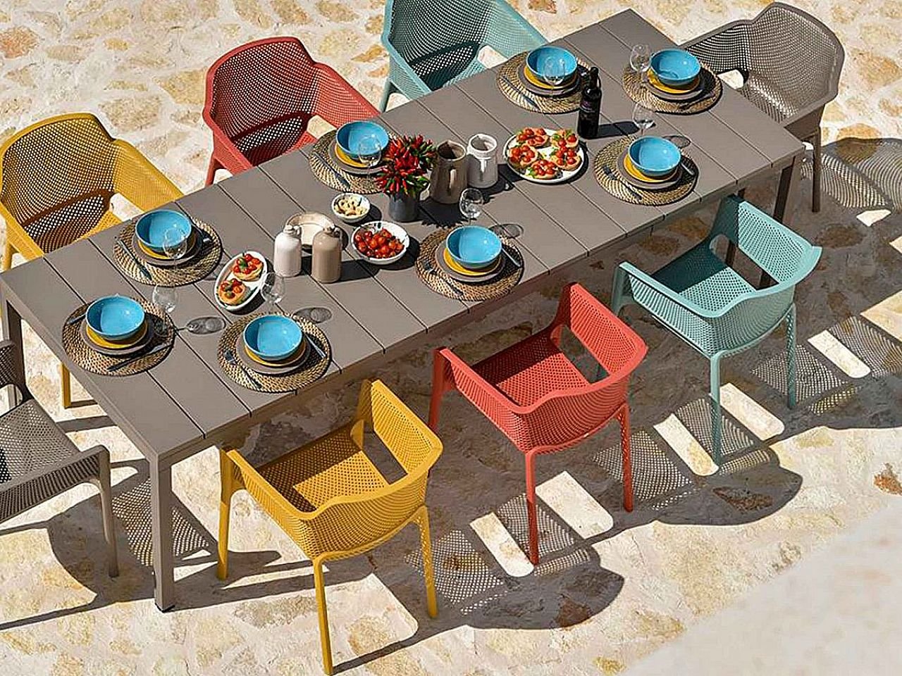 Set tavolo da giardino Rio 140/210 con 6 sedie Net Arcobaleno - v8