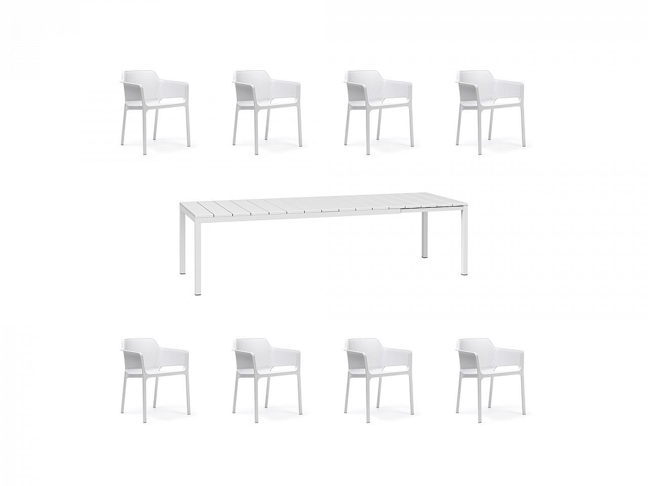 Set tavolo Rio 210/280 Alluminio con 8 sedie Net - v15
